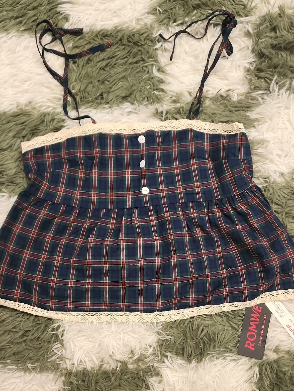 ROMWE Plaid Lace Hemmed Peplum Tank